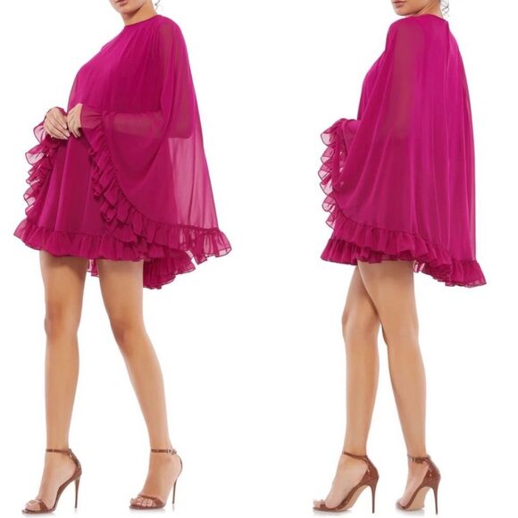 Mac Duggal 55407 High Neck Ruffle Cape Fuchsia (Pink) Chiffon Mini Dress, Size 8 - Picture 1 of 10